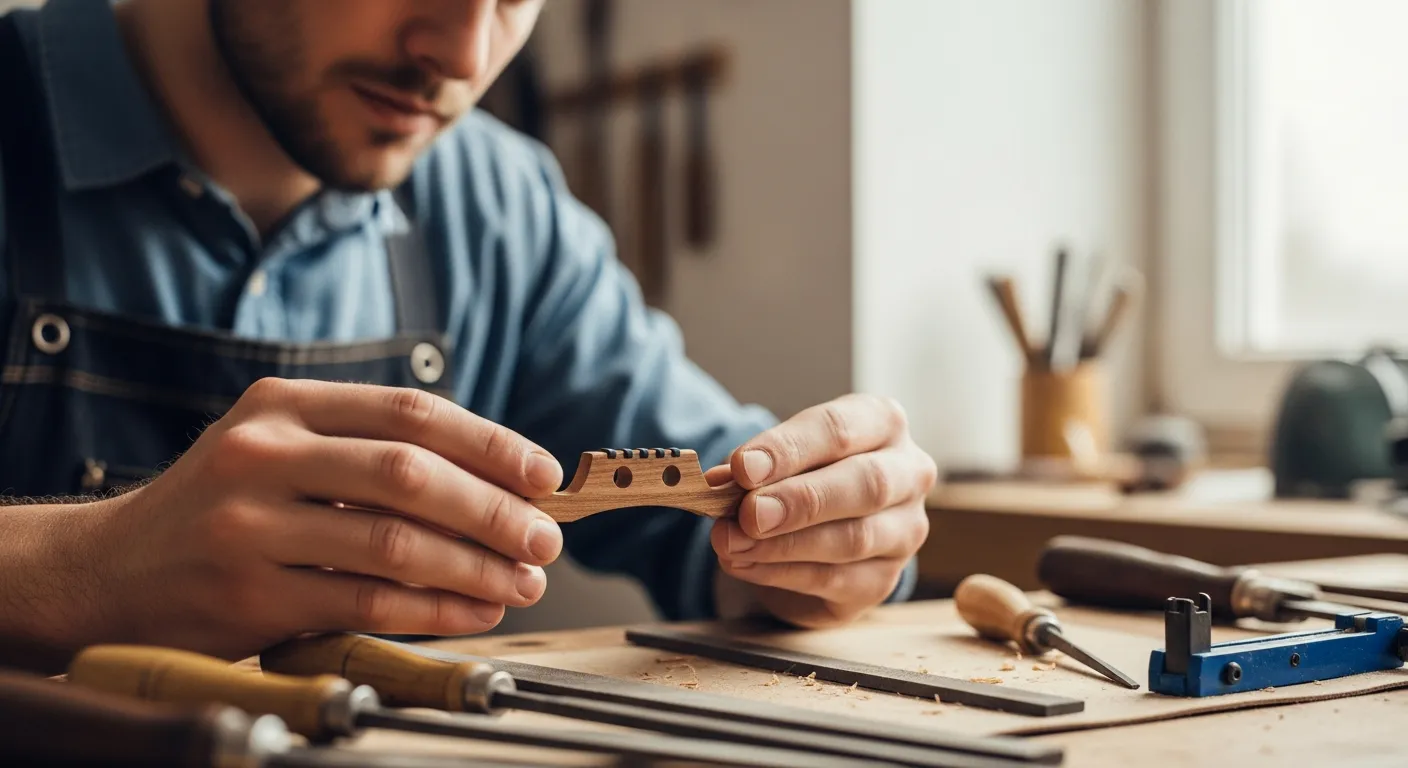 Un luthier examine attentivement un chevalet en bois d'Oranger des Osages dans son atelier.