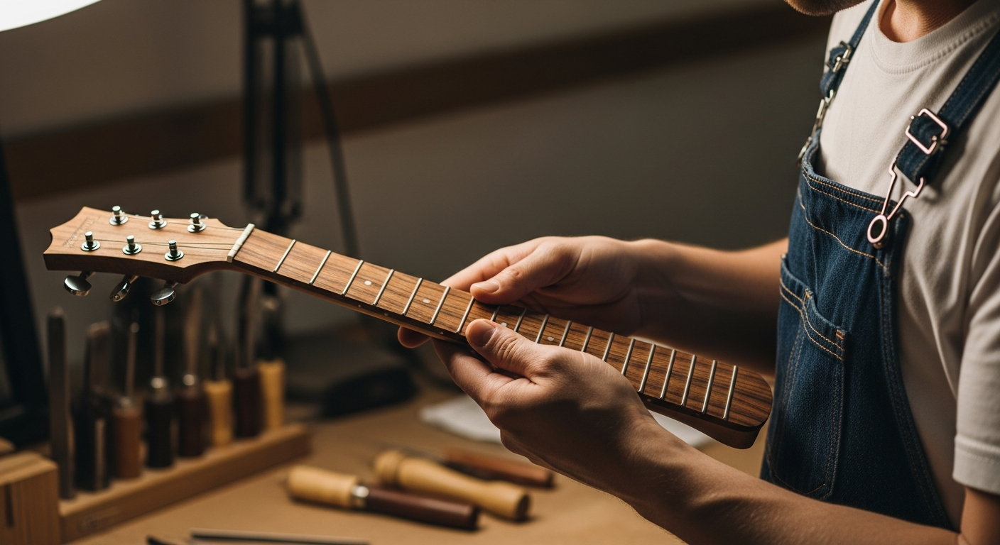 Un luthier examine attentivement une touche en pau ferro dans son atelier.