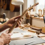 Un luthier examine attentivement une touche en pau ferro dans son atelier.
