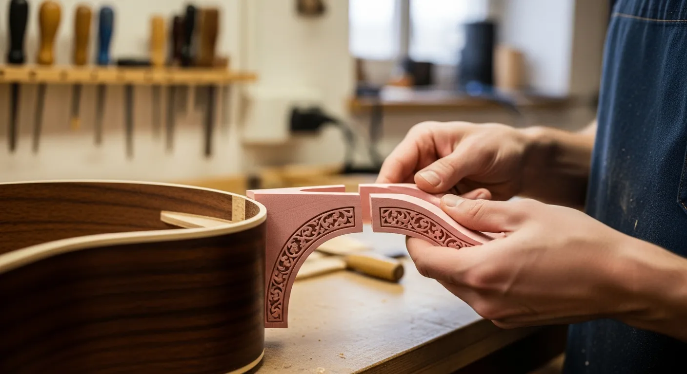Un luthier examine attentivement un morceau de bois d'ivoire rose dans son atelier, utilisé pour créer des garnitures décoratives sur une guitare acoustique.