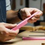 Un luthier examine attentivement un morceau de bois d'ivoire rose dans son atelier.