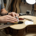 Un luthier polit la finition d'une guitare acoustique dans un atelier.