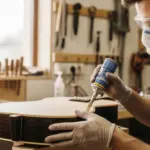 Un luthier aplica un acabado de poliuretano a una guitarra acústica en su taller.