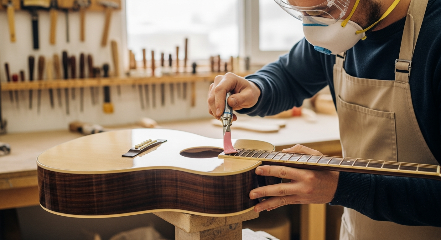 Un luthier appliquant une finition en polyuréthane sur le corps d'une guitare acoustique dans son atelier.