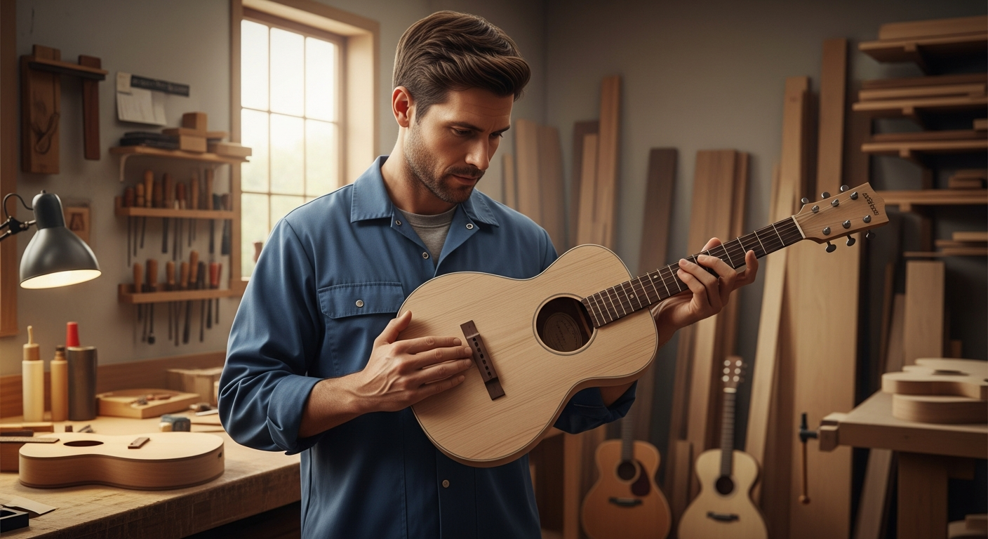 A man inspects a poplar guitar body in his workshop.
