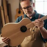 Un luthier examine attentivement le corps d'une guitare en peuplier dans son atelier.