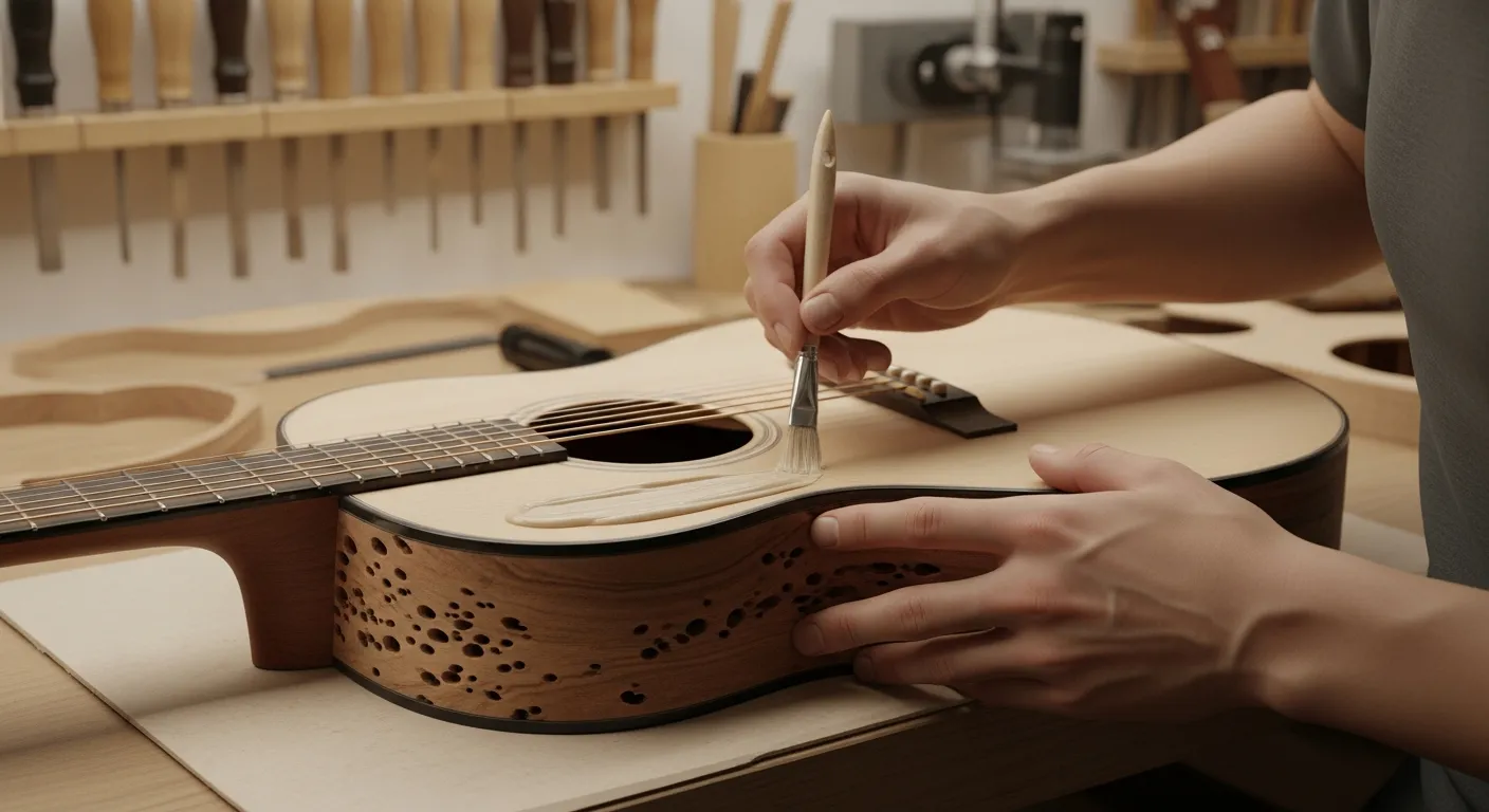 Um luthier aplicando massa de enchimento nos poros de um violão de madeira de poros abertos.