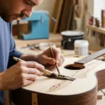 Un luthier applique soigneusement du bouche-pores sur le corps d'une guitare acoustique.