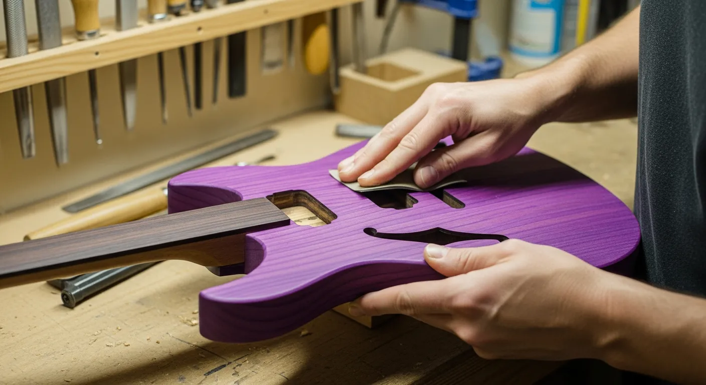 Un luthier ponce soigneusement le corps d'une guitare électrique en bois de purpleheart dans un atelier bien éclairé.