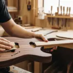 Un luthier ponce soigneusement le corps d'une guitare électrique en bois de purpleheart dans son atelier.