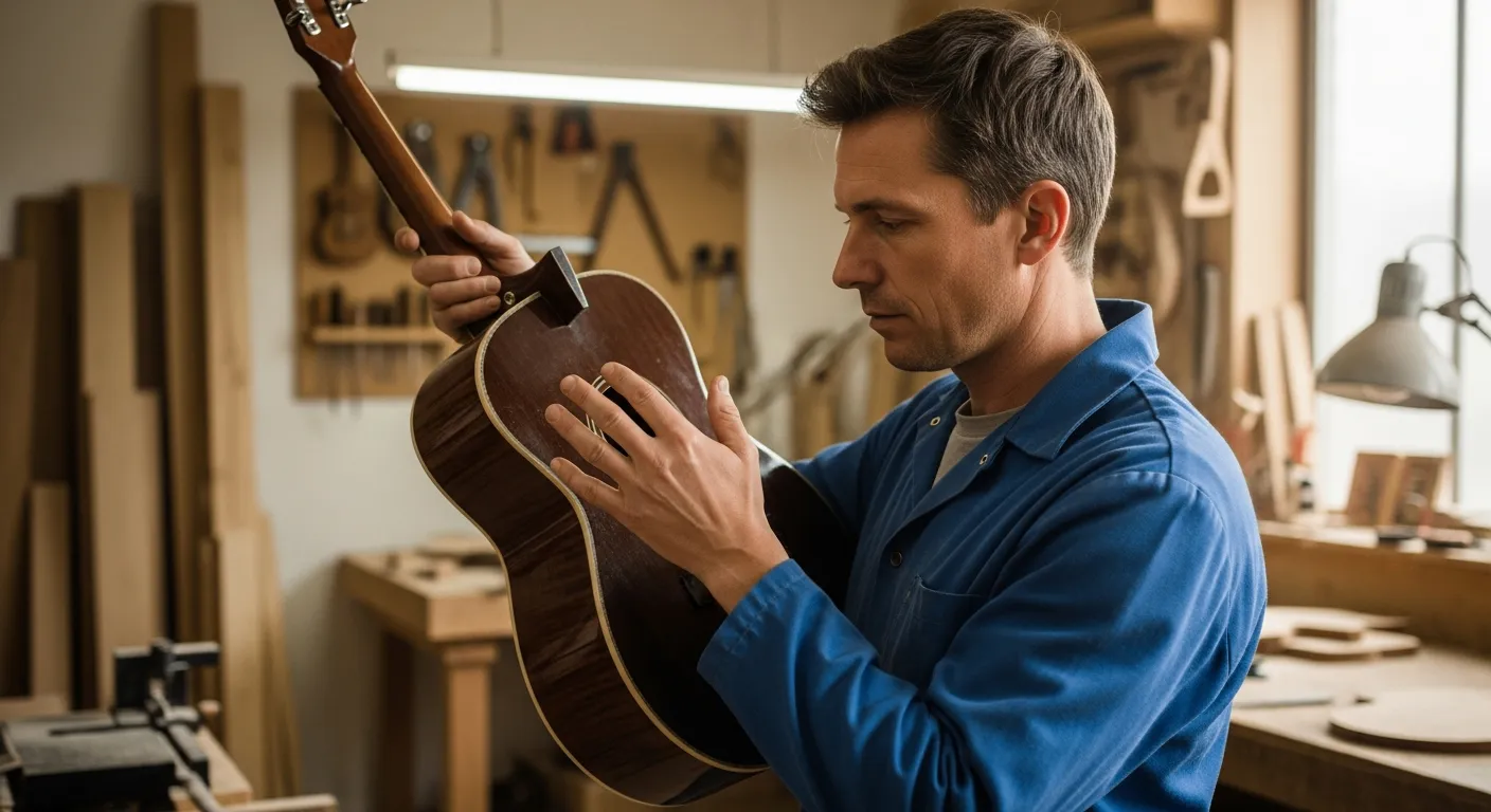 Un luthier examine attentivement la finition d'une guitare acoustique dans son atelier.