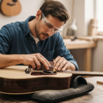 Un luthier ponce délicatement la finition d'une guitare acoustique dans un atelier.