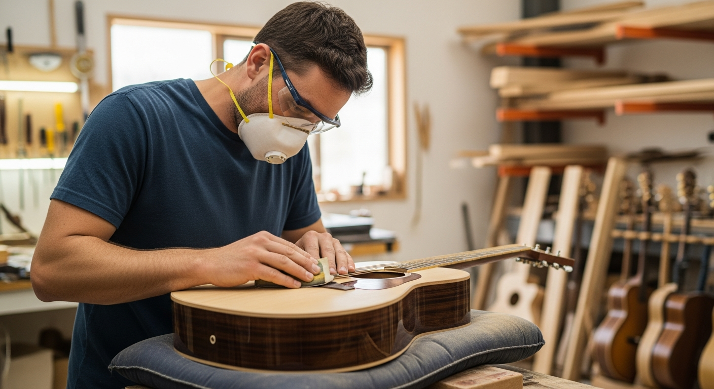 Un luthier sable la finition d'une guitare acoustique dans un atelier.