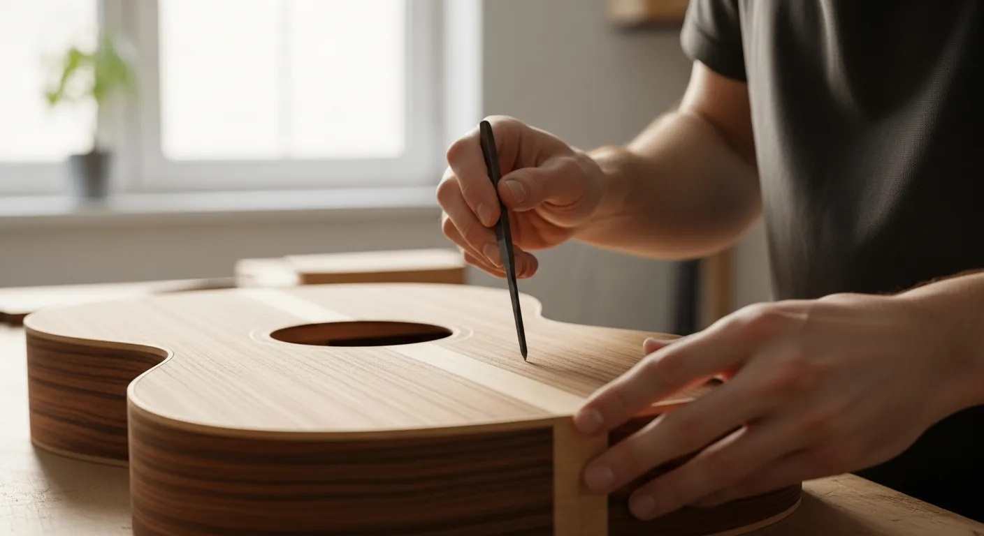 A luthier inspects a sassafras soundboard in their workshop.