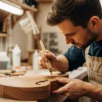 Un luthier applique un scellant sur une caisse de guitare en bois de lutherie dans son atelier.