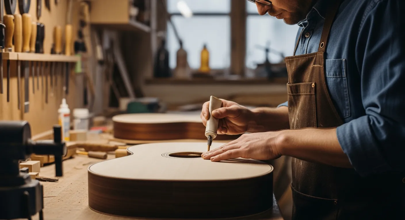 Un luthier applique un scellant sur une table d'harmonie de guitare dans son atelier.