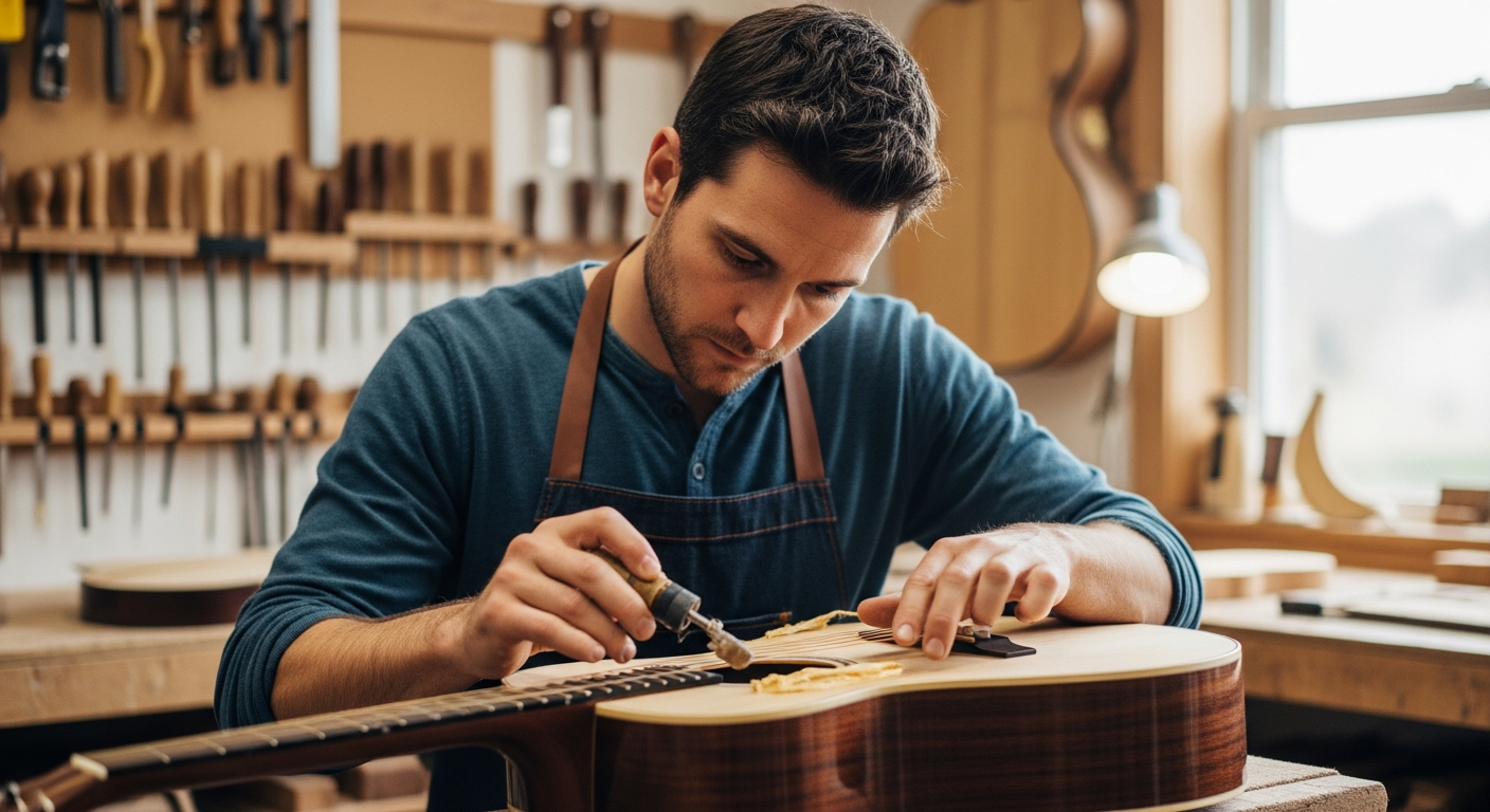 Un luthier applique une finition de gomme laque sur le corps d'une guitare acoustique dans un atelier.
