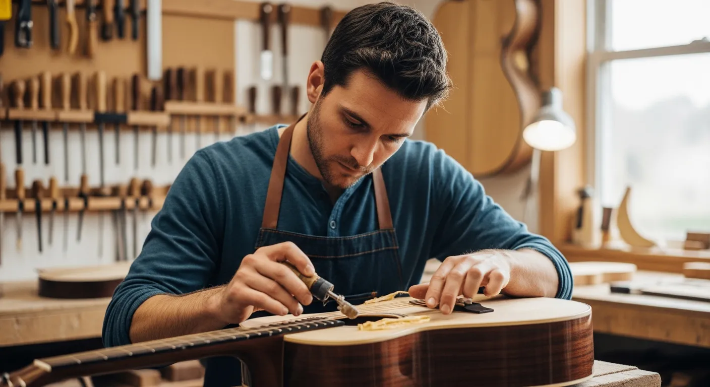 Un luthier applique une finition de gomme laque sur le corps d'une guitare acoustique dans un atelier.