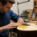 Un luthier applique une finition de gomme laque sur une guitare acoustique dans un atelier.