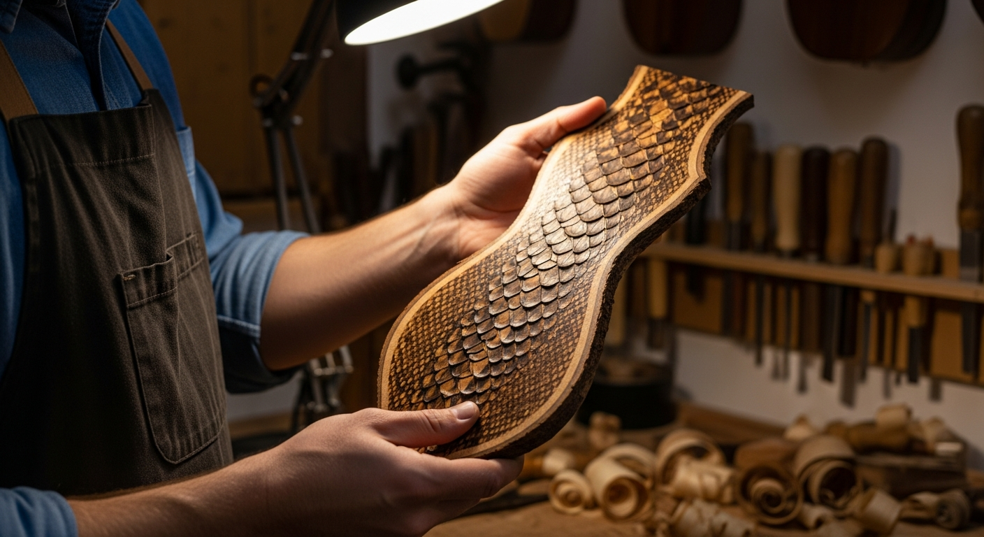 Un luthier examine attentivement un morceau de bois serpent dans son atelier.