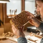 Un luthier examine attentivement un morceau de bois serpent dans son atelier.