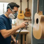 Un luthier pulvérise une finition transparente sur le corps d'une guitare acoustique dans son atelier.