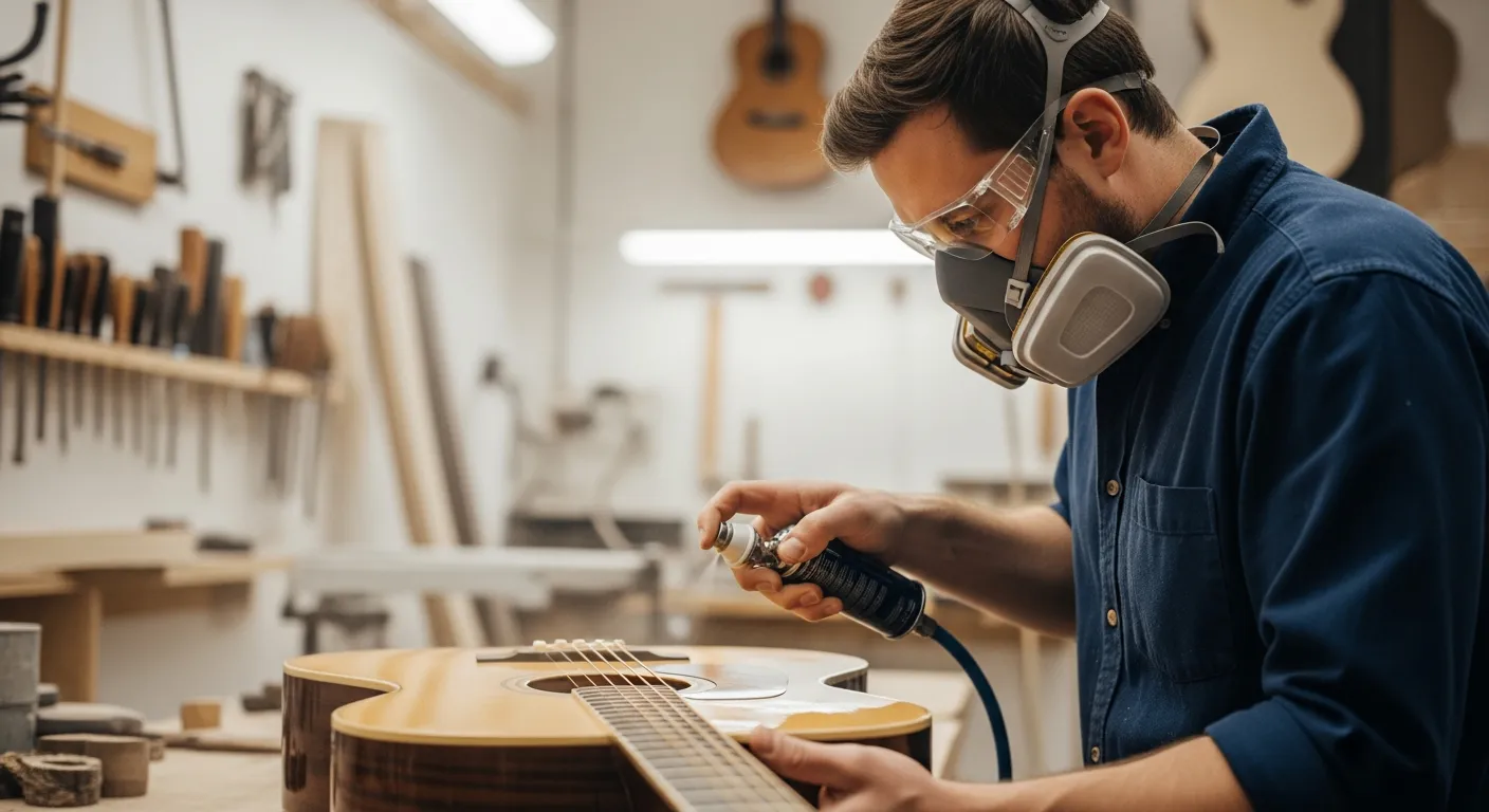 Un luthier applique une finition transparente sur le corps d'une guitare acoustique dans un atelier.