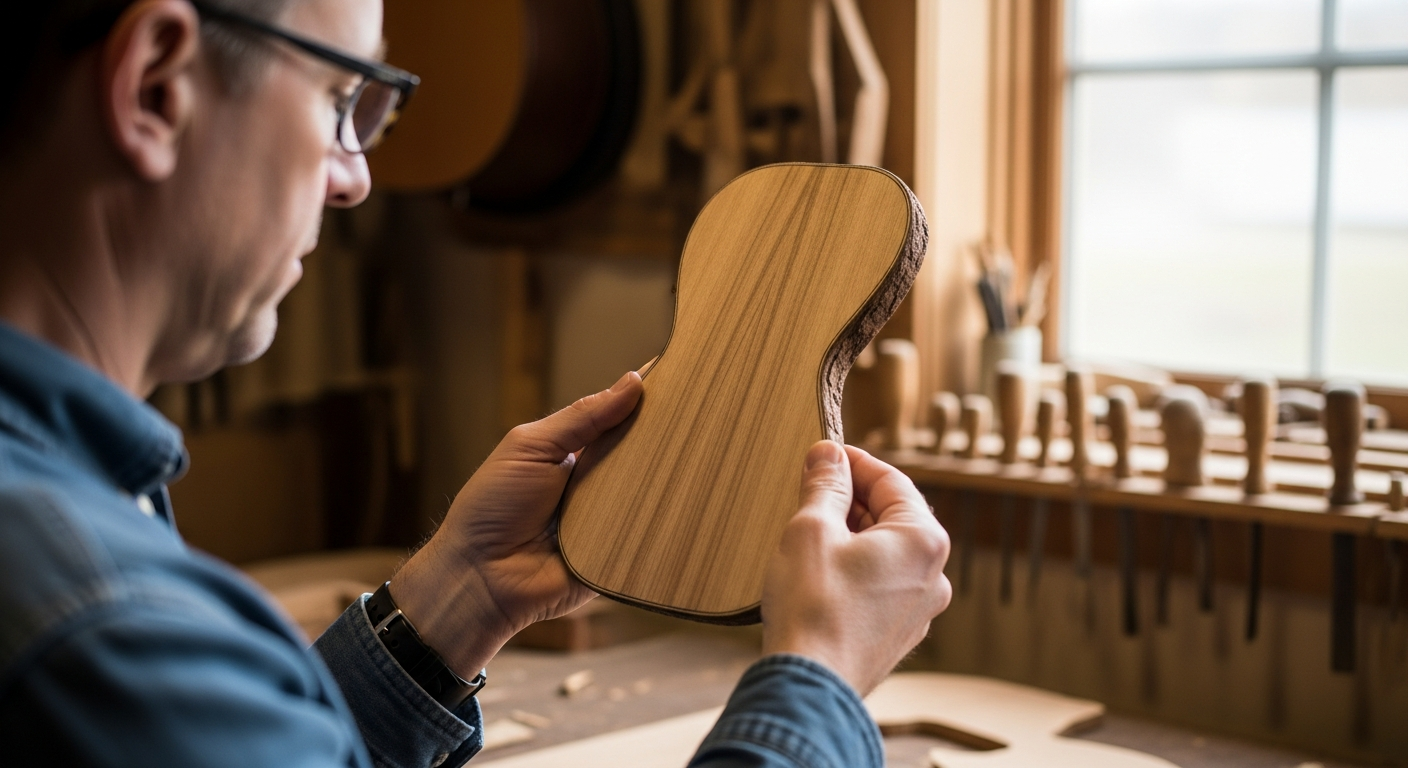 Un luthier examine attentivement un morceau de bois de khaya dans son atelier.