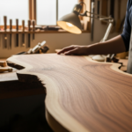 Un luthier examine attentivement un morceau de bois de khaya dans son atelier.
