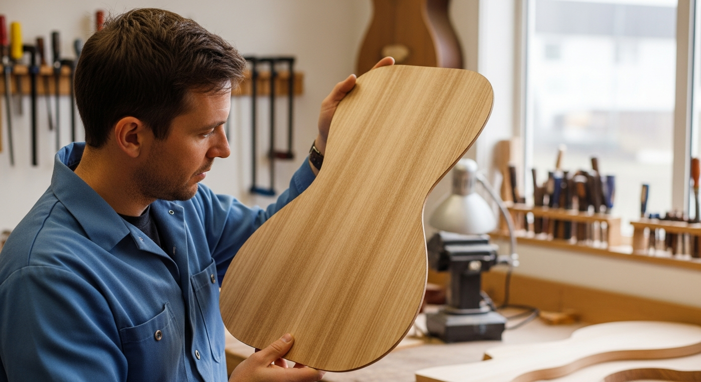 Un luthier examine une table d'harmonie en sycomore dans son atelier.