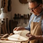 Un luthier examine attentivement une pièce de bois de résonance en sycomore dans son atelier.