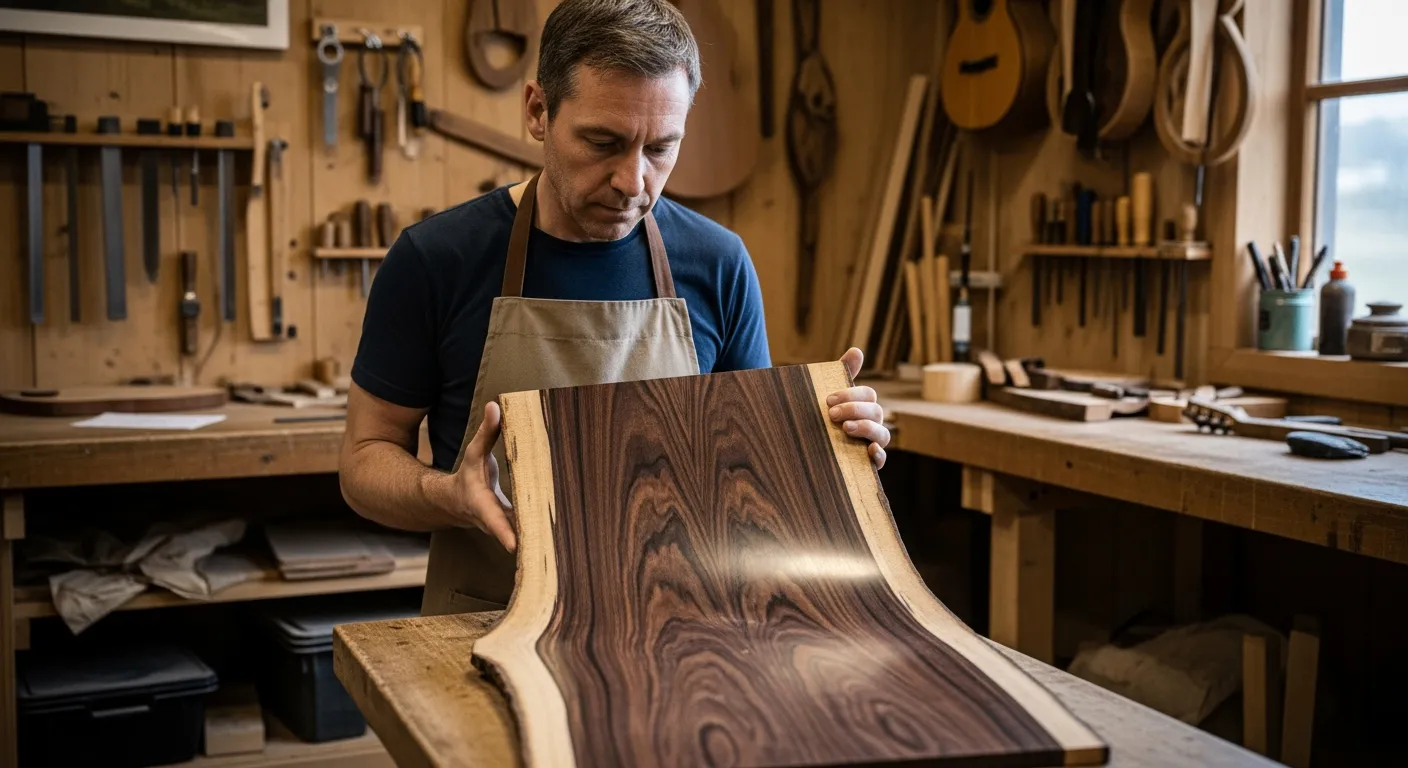 Un luthier examine attentivement un morceau de bois de Tasmanian Blackwood dans son atelier.
