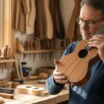 Un luthier examine une table d'harmonie d'ukulélé en bois de Tasmanian Blackwood dans son atelier.