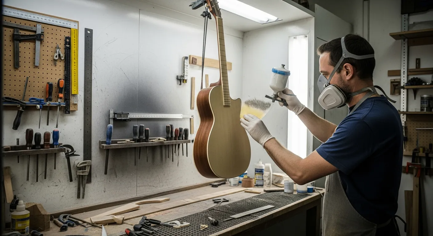 Un luthier applique une laque teintée sur le corps d'une guitare acoustique dans un atelier.