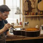 Un luthier applique une laque teintée sur une guitare acoustique dans son atelier.