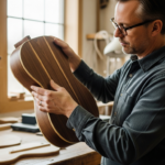 Un luthier examine une caisse de guitare en noyer dans un atelier.