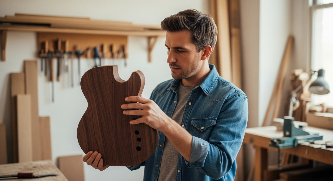 Homem inspeciona corpo de guitarra de nogueira em oficina.