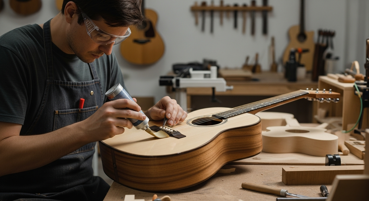 Luthier appliquant une finition à base d'eau sur une guitare acoustique.