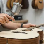 Un luthier aplica cuidadosamente un acabado a base de agua al cuerpo de una guitarra acústica.