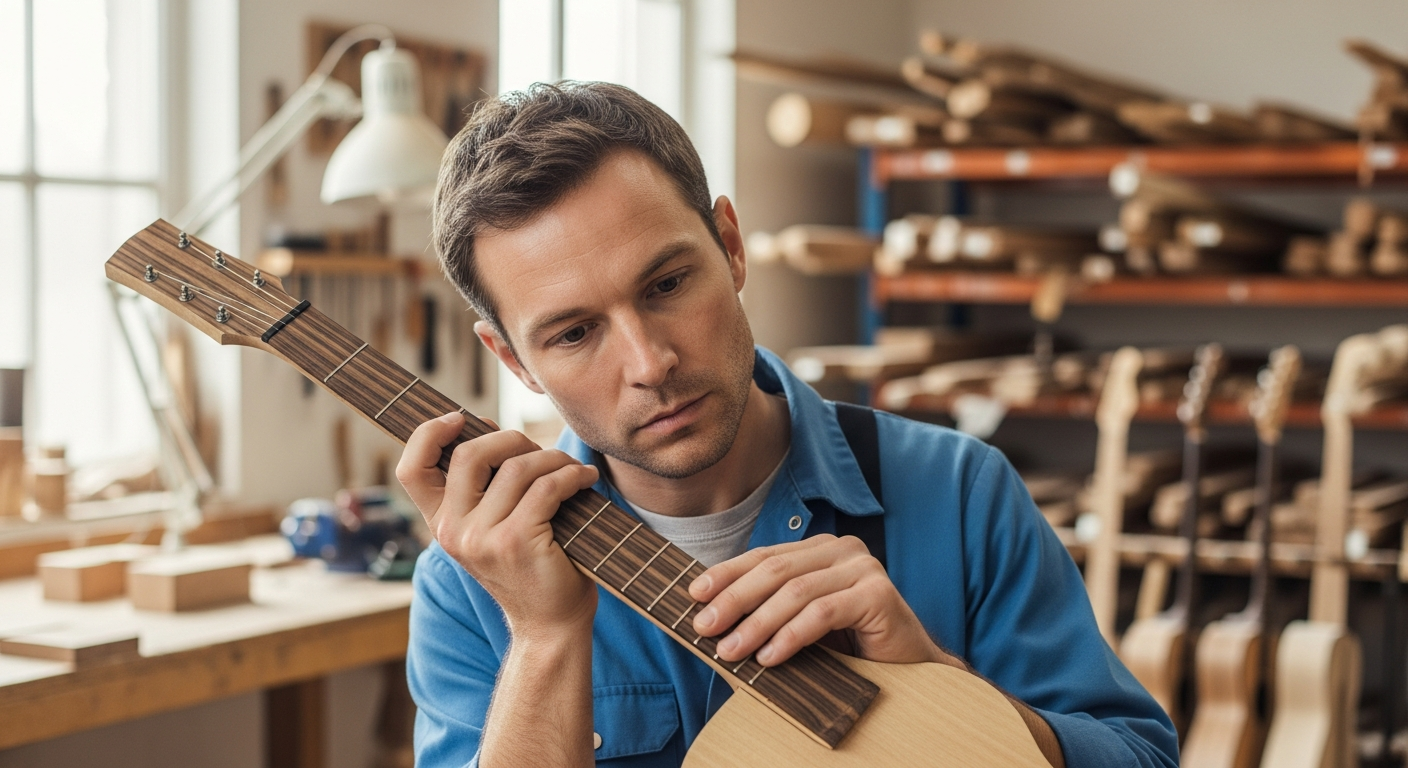 Un luthier examine attentivement un manche de guitare en wengé dans un atelier.