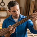 Un luthier examine attentivement un manche de guitare en wenge dans un atelier.