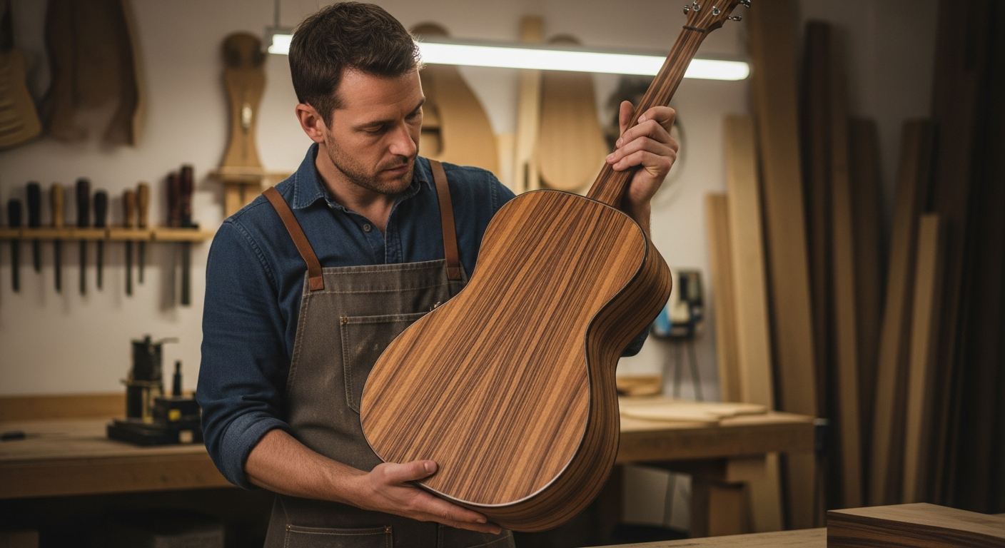 Un luthier examine une table d'harmonie en bois de zèbre pour une guitare acoustique dans un atelier.
