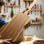 Un luthier examine attentivement une table d'harmonie en bois de zèbre pour guitare acoustique dans un atelier.