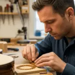 Un luthier travaille sur une incrustation de rosette en bois de ziricote pour une guitare acoustique.