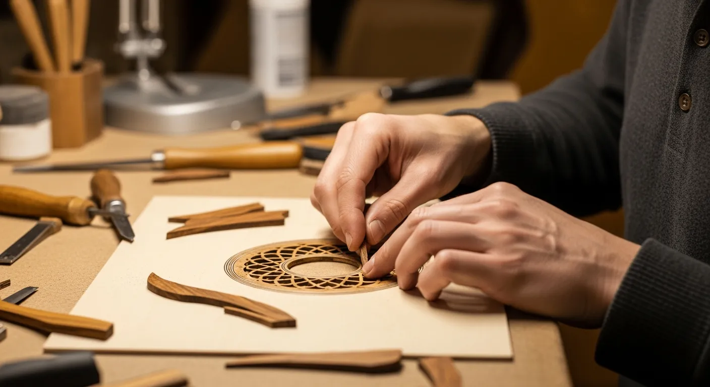 Un luthier travaille sur une marqueterie de rosette en ziricote pour une guitare acoustique dans un atelier.