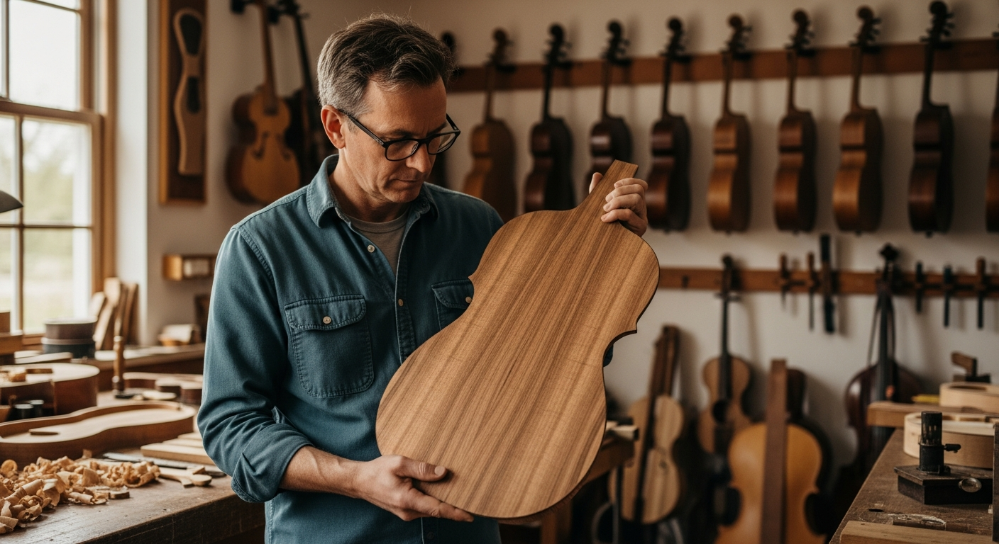 Un luthier examine attentivement une table d'harmonie en ziricote dans son atelier.