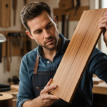 Un luthier examine attentivement une pièce de bois de Ziricote dans son atelier.