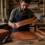A male luthier inspects cherry tonewood pieces for an acoustic guitar body on a workshop bench.